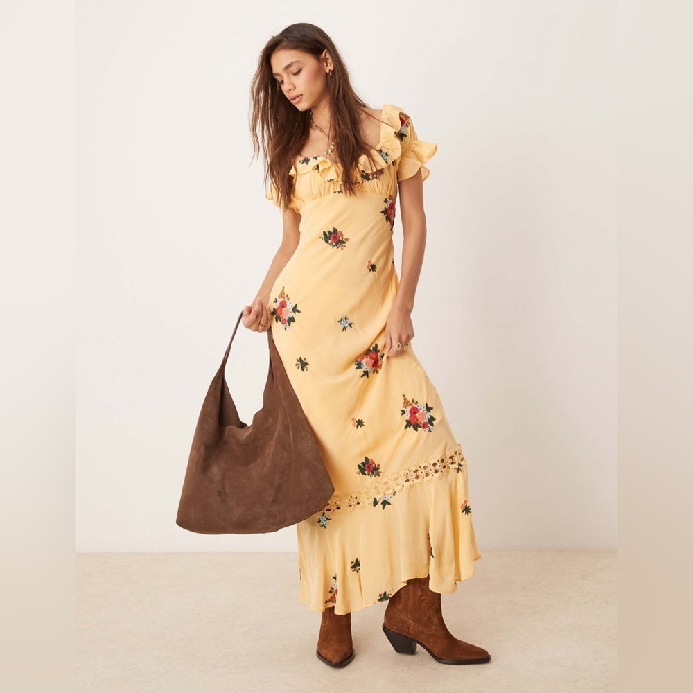 Free People floral embroidered puff sleeve maxi dress in yellow B3003